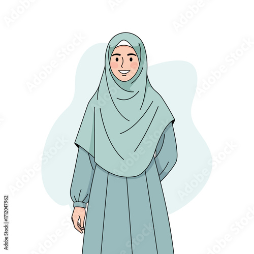Young woman in hijab smiling with hands behind her back.