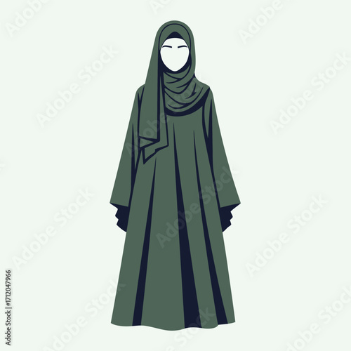 Illustration of a woman in a traditional dark green abaya and hijab.