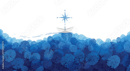 Paper boat navigates turbulent fingerprint seas guided by compass symbolizing journey and identity in a vast complex world, Generative AI.