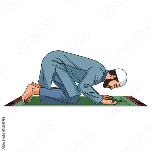 Muslim Man Prostrating in Prayer on a Prayer Rug.