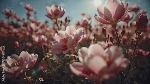 Sunlit Pink Tulip Field