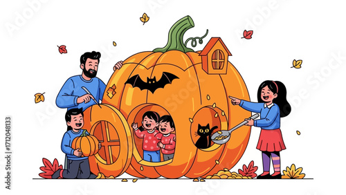 Pumpkin Carriage Fantasy: A whimsical illustrated scene of a family, crafted with playful illustration, surrounded by autumnal elements, evoking the joy of imaginative storytelling