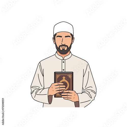 Muslim man holding the Quran with reverence and devotion.