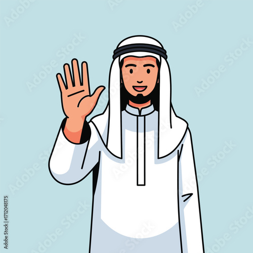 Friendly Arab Man in Traditional Clothing Waving Hello.