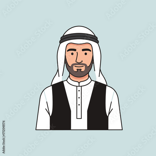 Arab man in traditional clothing portrait focused on details dignified calm expression.
