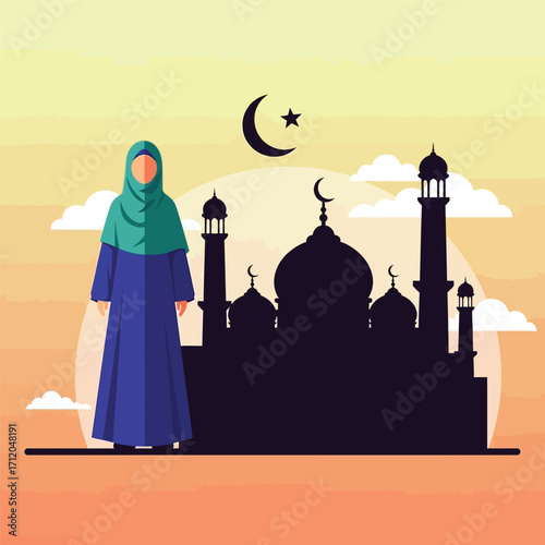 Muslim woman in traditional attire standing in front of a mosque silhouette.