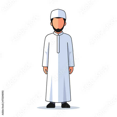 Muslim Man Wearing Traditional White Thobe and Kufi Hat.