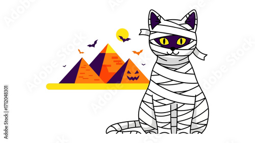 Mummy Cat and Halloween Pyramids: A whimsical illustration of a mummy cat, with bandages wrapped around its body, sits before a Halloween-themed pyramid scene under the night sky.