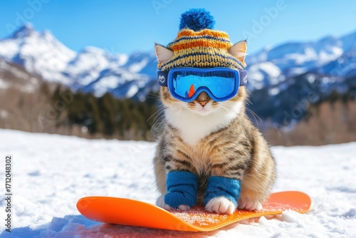A tabby cat with a beanie and goggles on a snowboard in a snowy mountain landscape on a bright sunny day