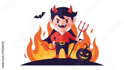 Playful Devil Illustration: A mischievous imp, with fiery horns and a trident, stands amidst flames, complemented by a spooky carved pumpkin, embodying the spirited essence of a festive celebration.