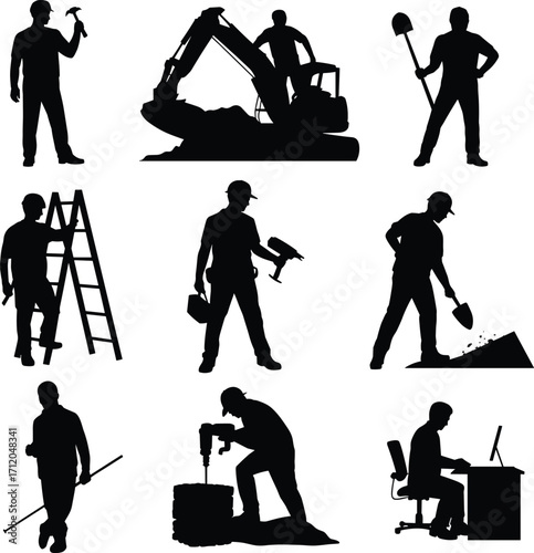 Construction worker silhouettes collection, manual labor icons, heavy machinery, carpentry, demolition, landscaping, office design roles, industry illustration, workforce design