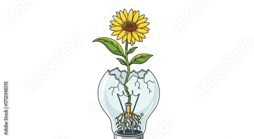 Blooming sunflower erupts from cracked lightbulb symbolizing new ideas innovation and growth bursting forth in a vibrant concept, Generative AI.