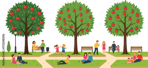 Peaceful park scene, family bonding outdoors, children playing, apple trees, green grass, relaxing day, nature lifestyle, community gathering, joyful environment,