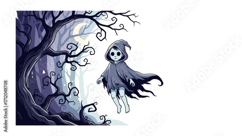 Mystical Entity in Twilight Woods: A captivating illustration of a spectral figure, draped in a dark cloak, floats through an enchanted forest under the soft glow of the moon.