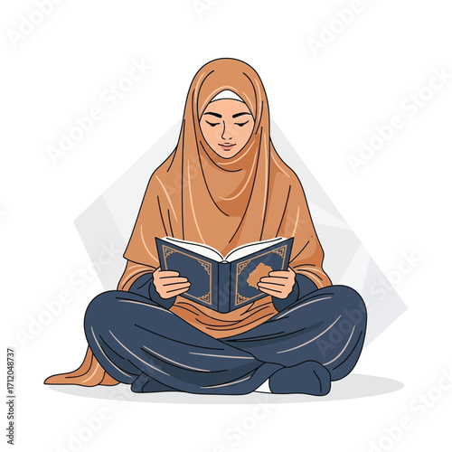 Illustration of a Muslim woman in a hijab reading the Quran.
