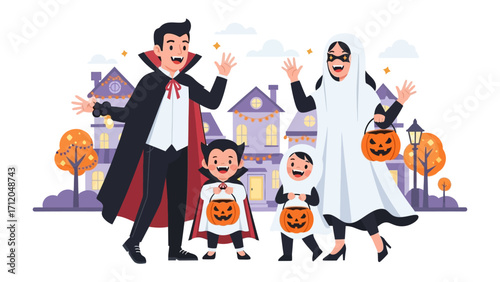 Halloween Family Outing: A joyous family, dressed in festive Halloween costumes, waves hello with anticipation.