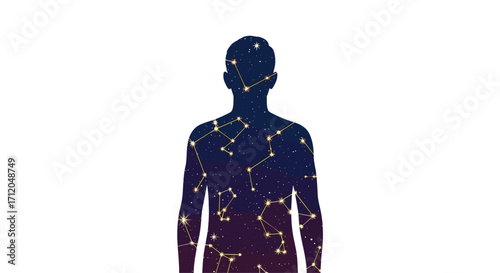 Inner universe revealed human silhouette filled with vibrant constellations and starry night sky, Generative AI.