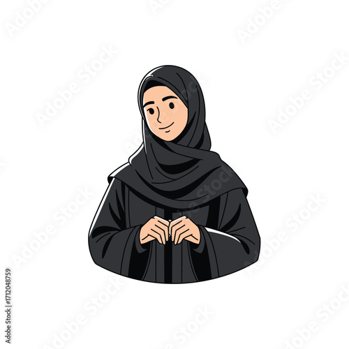Illustration of a smiling Muslim woman wearing a black hijab.