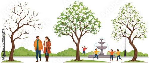 Park with blooming trees, seasonal foliage, people walking, children playing, fountain, nature, outdoor leisure, autumn clothing, greenery, peaceful, vibrant, scenic