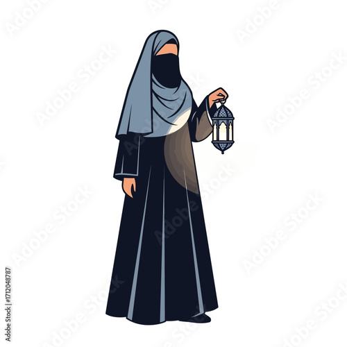 Muslim woman in traditional hijab and niqab holding a lantern.