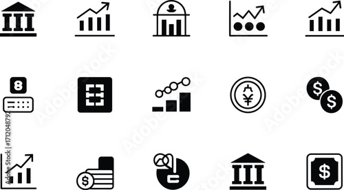 Finance and banking icons collection, currency and investment symbols, data analysis illustration, economic growth, money management, business, financial design