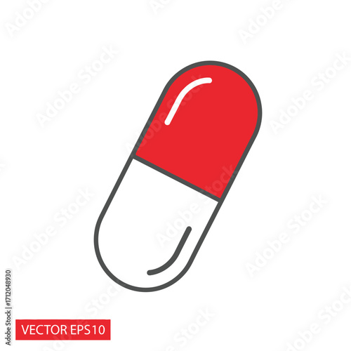Red and white medicine capsule pill icon vector illustration.