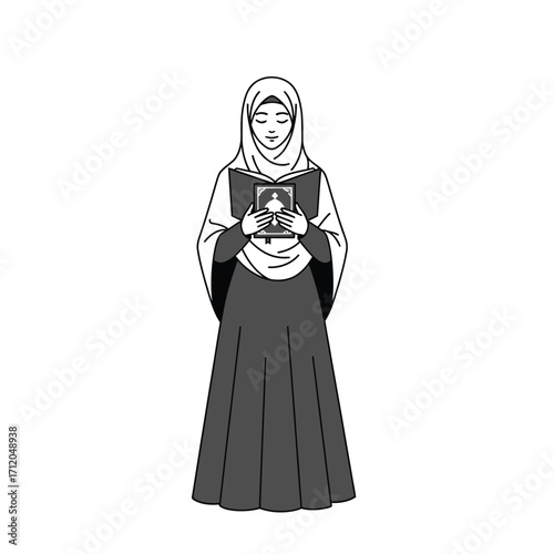 Black and white illustration of a Muslim woman holding the Quran.