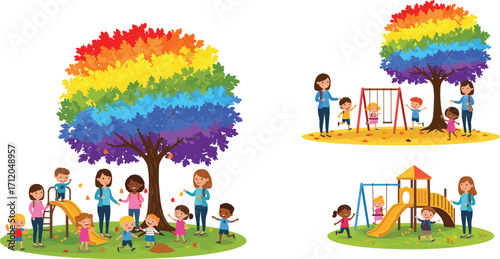 Rainbow tree in playground with children playing, parents supervising, colorful nature, inclusive park, vector illustration, kids fun, family time