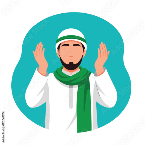 Vector illustration of a Muslim man praying with hands raised.