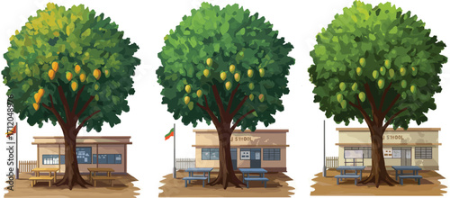 School building, seasonal tree, fruit growth, educational landscape, nature change, campus scene, flagpole, outdoor learning, academic environment, tropical schoolyard