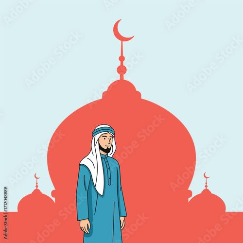 Illustration of a young Muslim man in traditional clothing.