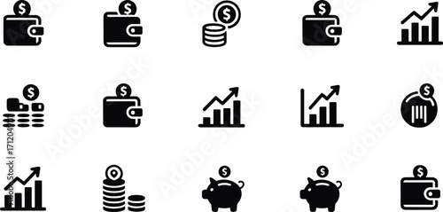 Finance and savings icons collection, wallet and piggy bank symbols, money growth illustration, investment, budgeting, currency, financial management design