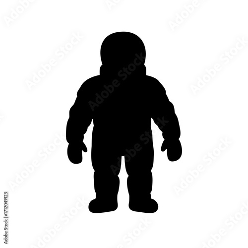 Silhouette of a person wearing a spacesuit or snowsuit against a white background