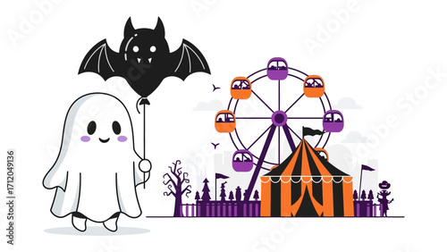 Spooky Carnival: A cheerful ghost playfully clutches a bat-shaped balloon, leading to a festive carnival scene.