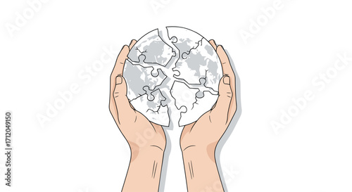 Hands carefully hold fragmented globe puzzle pieces symbolizing global crisis environmental issues or complex problem-solving challenges, Generative AI.