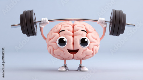 A cartoonish 3D Happy brain, centrally lifting a heavy barbell.