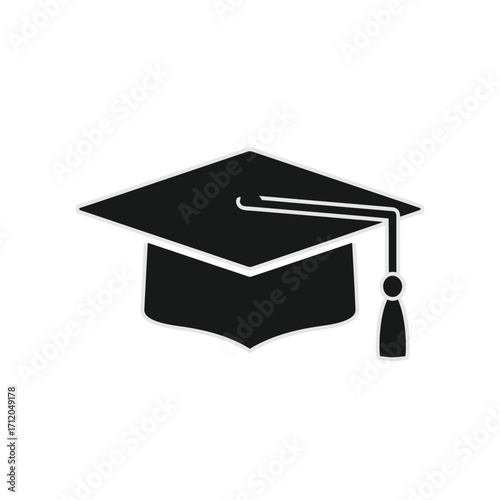 Black graduation cap with tassel icon isolated on white background.