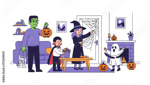 Spooky Family Halloween Gathering: A cheerful family, dressed in Halloween costumes, gets together in their home filled with Halloween decorations. A blend of festive atmosphere.