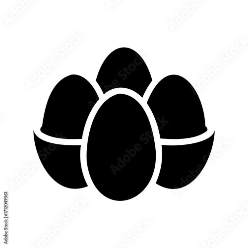 A simple graphic representation of four eggs clustered together, black and white