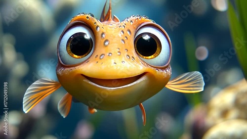 Cute animated orange fish with big eyes underwater.