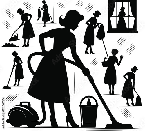 Household cleaning silhouettes collection, woman with vacuum and chores, domestic work icons, home maintenance illustration, housekeeping, lifestyle, daily task design