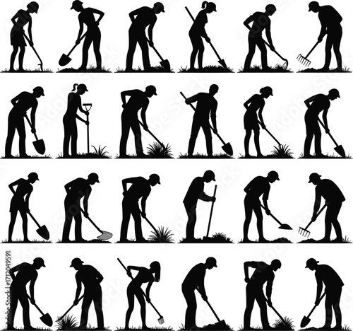 Gardening silhouettes collection, farmers working in field, people using tools, planting, digging, raking, agriculture labor, farming activity, garden work illustration