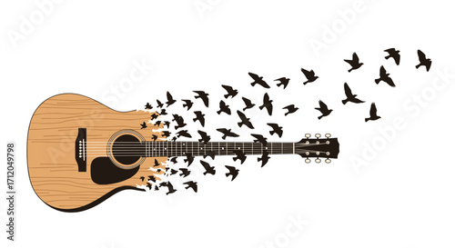 Acoustic guitar transforming into a flock of birds symbolizing freedom and musical expression in a vibrant artistic concept, Generative AI.