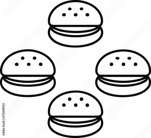 Four minimalist black outline hamburgers arranged in a diamond pattern food fast food