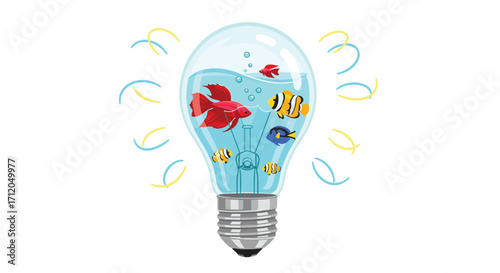 Vibrant idea concept with colorful fish swimming inside a glowing light bulb symbolizing innovation and creativity, Generative AI.