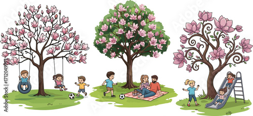 Spring park scene, blooming trees, children playing, family picnic, outdoor fun, nature beauty, seasonal joy, vibrant landscape, happy people, sunny day