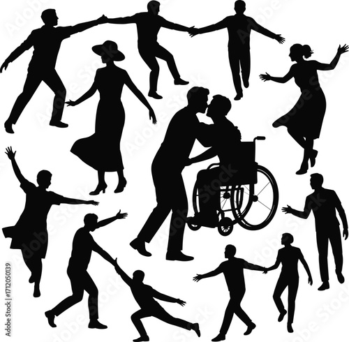 Inclusive dance silhouettes collection, diverse people dancing, wheelchair accessibility, joyful movement, human connection, celebration, performance art, community illustration design
