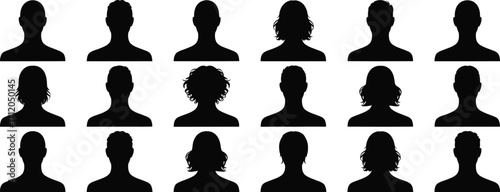 Human head silhouettes collection, diverse hairstyles and profiles, male and female icons, portrait illustration, demographic design, identity, character modeling