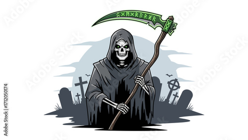 Grim Reaper with scythe: A haunting illustration of the Grim Reaper, cloaked in a dark robe and brandishing a scythe, stands ominously against a graveyard backdrop.