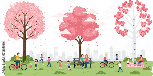 Spring park scene, blooming cherry trees, urban nature, family picnic, kids playing, bicycle ride, outdoor leisure, city skyline, seasonal recreation, community joy